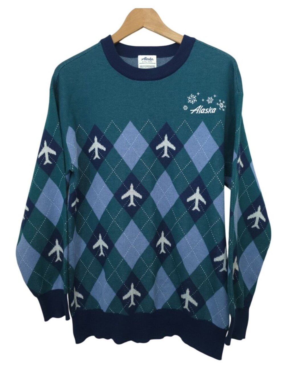 Alaska Airlines Retro Argyle Airplane Crewneck Ugly Christmas Sweater Sz M